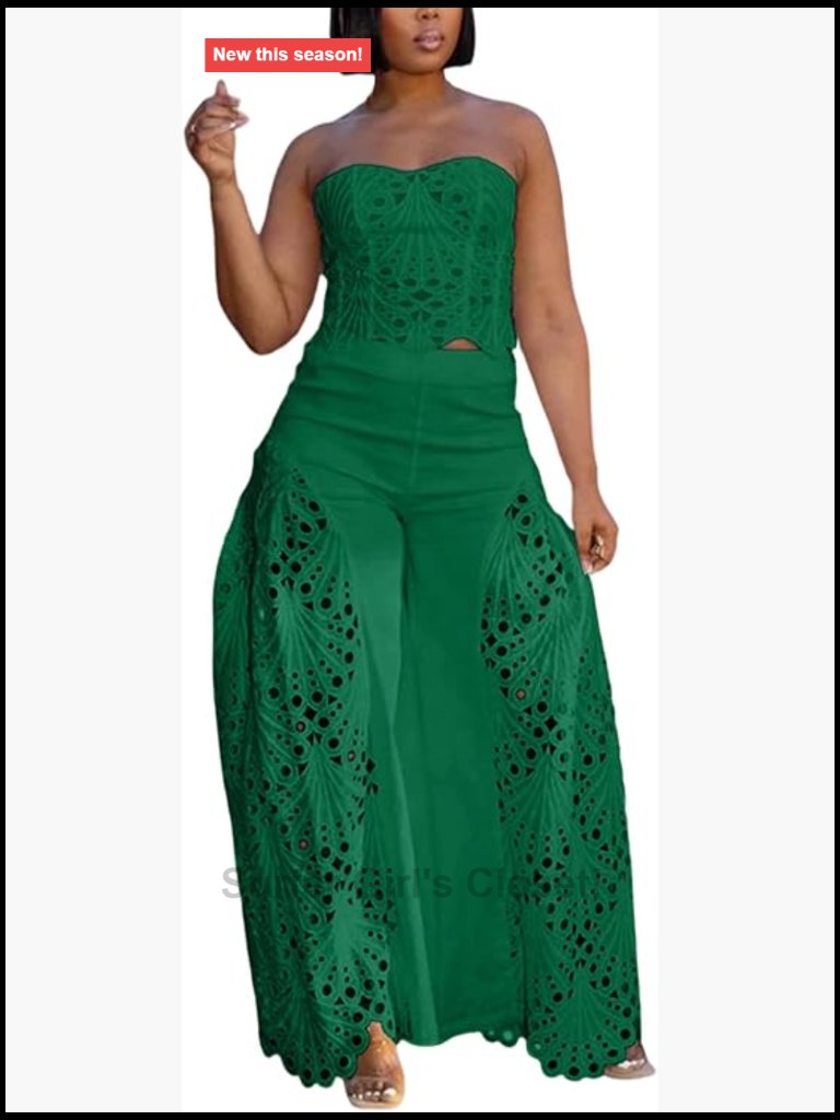 Sexy Strapless 2 Piece Outfit Lace Embroidered Tube Top Barrel Pants Set Lounge